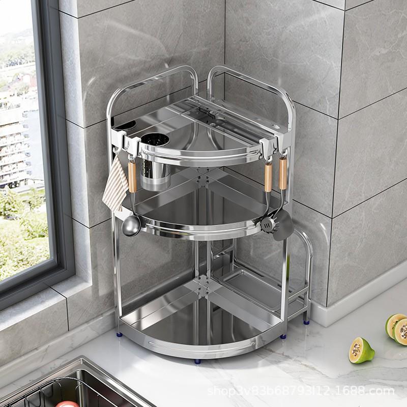 Stainless Steel Corner Kitchen Organizer Rack With Knife Holder Cutting Board Slot Hooks Spices Salt Chopsticks