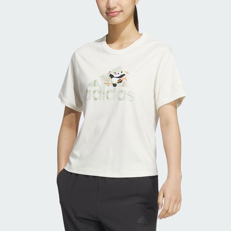 adidas Women's Panda Print Cotton Short Sleeve T-Shirt Off-White JI6868