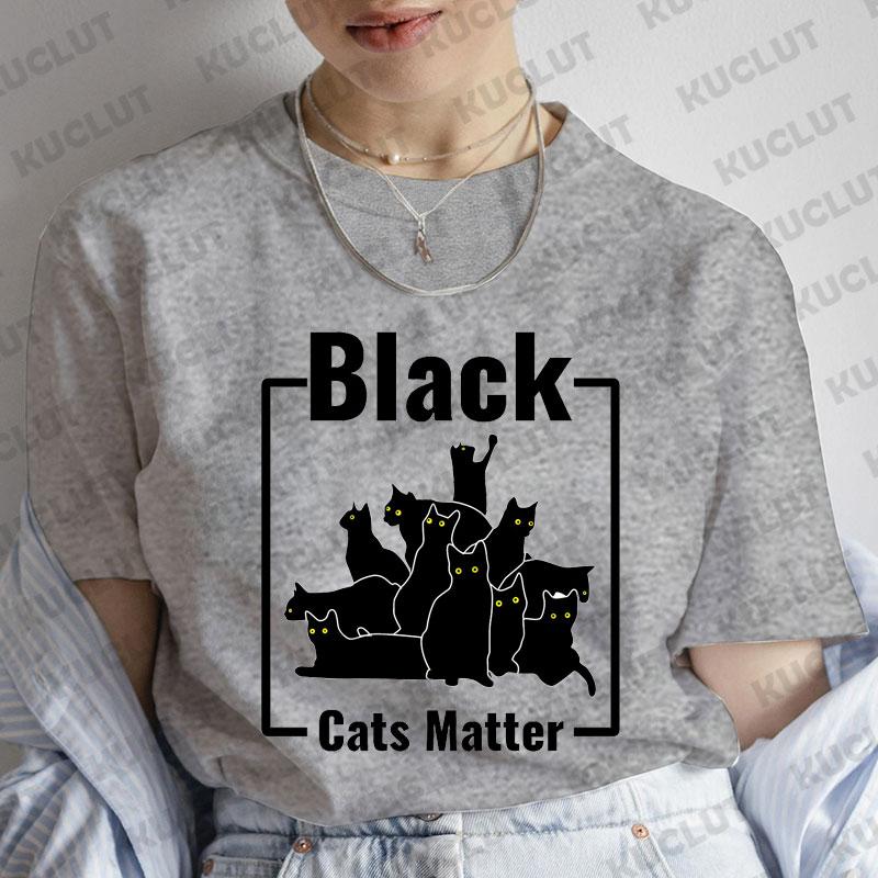 T-Shirt für Damen Schwarze Katzen Print Mode T-Shirt Lässig Rundhals Kurzarm Streetwear Damen T-Shirt Vintage Tee Oberteile