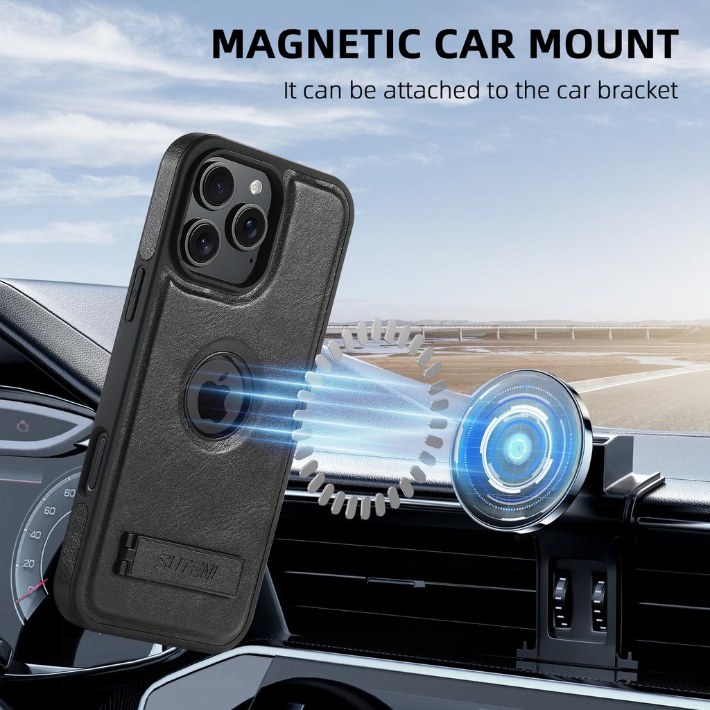 SUTENI G2 For iPhone 16 Pro Max Magnetic Case Leather Phone Back Cover Waxy Texture Kickstand