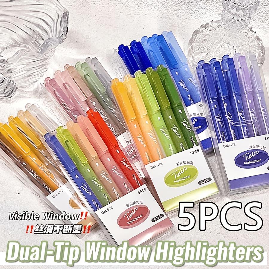 5-Pack Dual-Tip Highlighters with Viewing Window, Suitable for Eye-Friendly Colored Highlighters, Fluorescent Markers, Marking Pens, Highlighting Pens