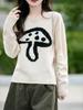 2025 Autumn/Winter Women's Loose Round Neck 100% Wool Knitwear with Mushroom Embroidery and Layered Cashmere Base.