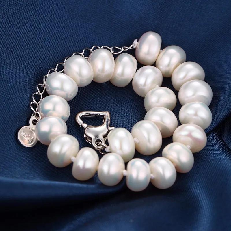 Elegant White 100% Natural Freshwater Pearl Chain & Link Bracelets For Women Fashion Jewelry Heart Clasp,18cm + 4cm Extend Chain