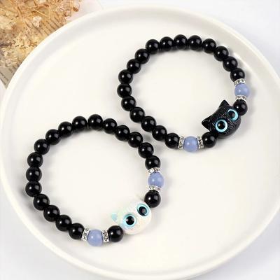 Leuchtendes Niedliches Katzenkopf Perlenarmband - 1 Stück Passendes Partnerarmband für Damen & Herren, Schwarz & Weiß Strangdesign für Freundschaft
