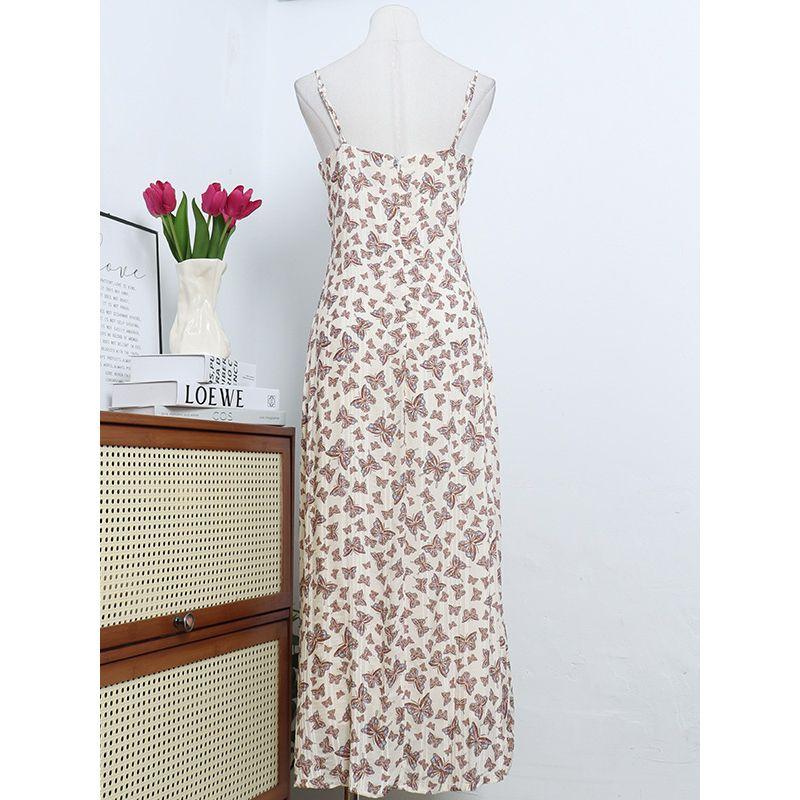American Single Design Butterfly Printed Sexy Open Back Split Sling Long Dress Silm Holiday Beach Dress Dress