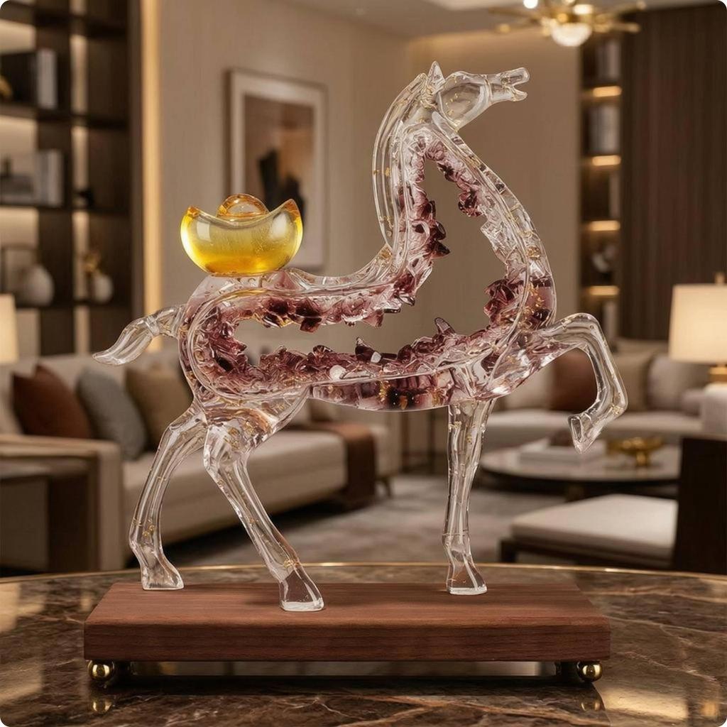 Rearing Horse Statue Clear Body Wood Base Figurine Accents