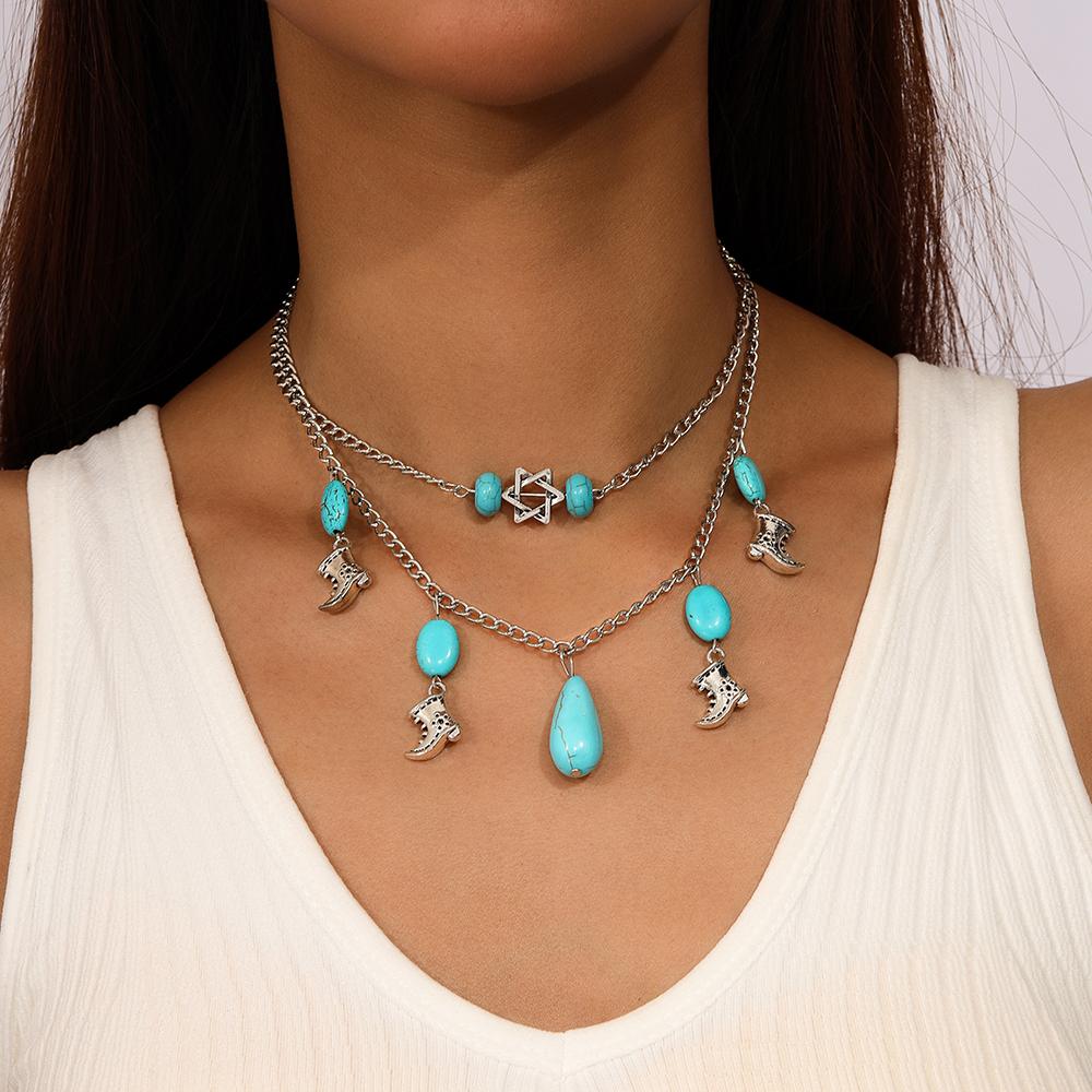Vintage Ethnic Style Cowboy Boot Pendants Necklace Multi-layer Beads Turquoise Choker Necklaces Bohemia Jewelry Gifts
