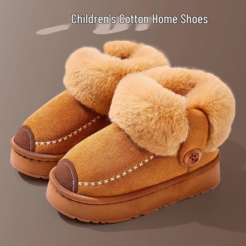 Kids' Waterproof Leather-Top Cotton Slippers, Non-slip with Velvet Lining for Families, Winter Warmth