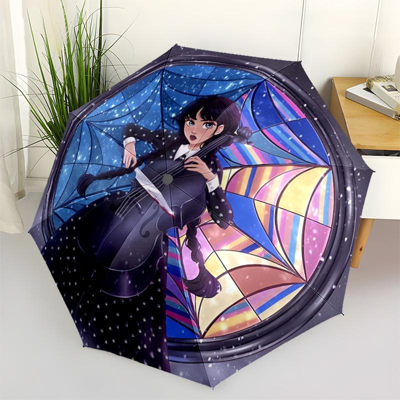 1pc Wednesday Addams Automatic Open/Close Folding Umbrella, Windproof 8-Rib Construction, Lightweight Travel Umbrella A0903206