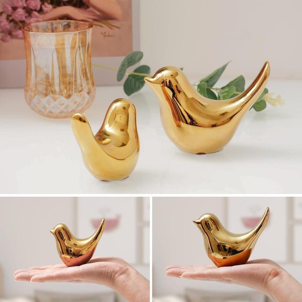 Eramic Golden Bird Figurine Set with Non-Slip Base, Decorative Bird Statues for Tabletop Shelf