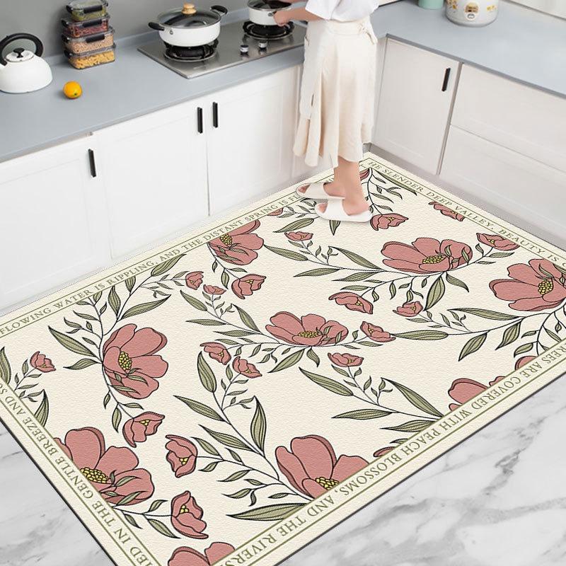 Pink Blossom Kitchen Rug Non Slip Absorbent Mat with Black Text Border Anti Fatigue Floor Pad Sink Area Soft Cushioned Washable