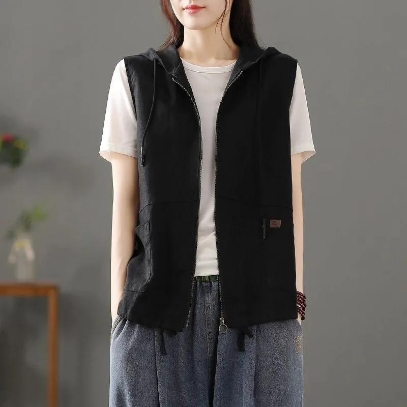 Women s Black Hooded Zip-Up Sleeveless Loose Fit Casual Vest M