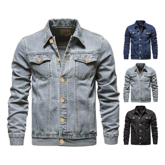 Spring Men Denim Jacket Lapel Single Breasted Solid Color Fashion Motorcycle Jeans