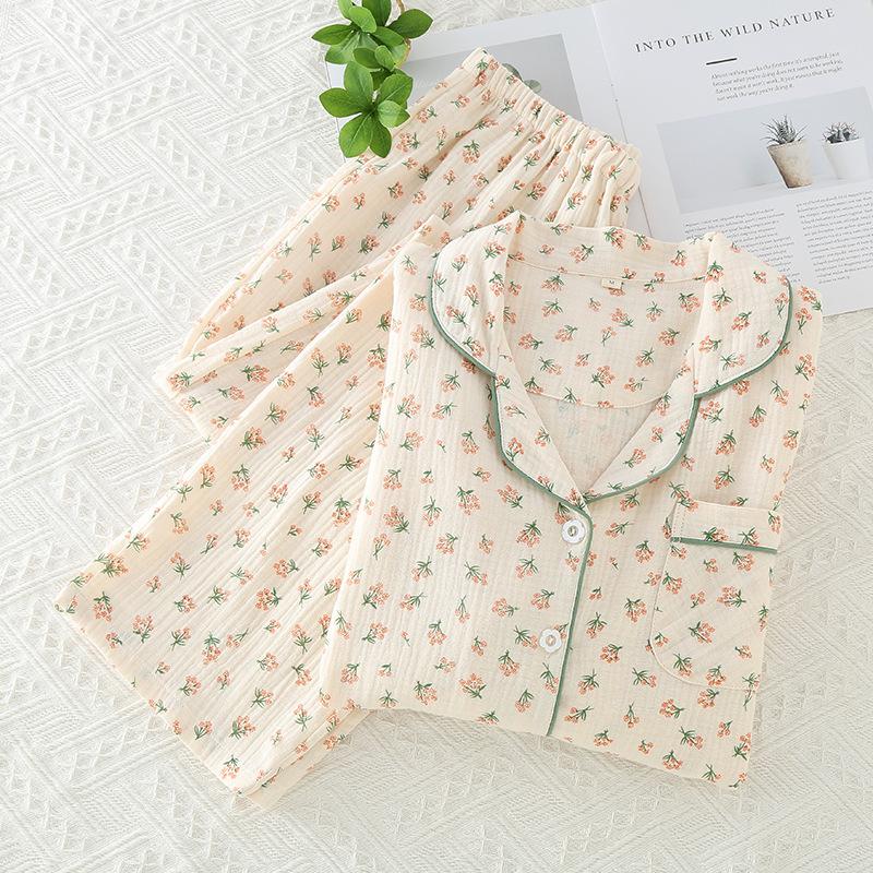 Pajamas women's pure cotton spring and autumn women's long-sleeved new lapel casual loose loungewear two-piece set can be worn outside