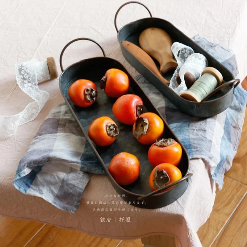 Ellipse Iron Plate Retro and Vintage Iron Tray Bread Dessert Delicious Food Photography Props Metal Storage Tray Serving Plate