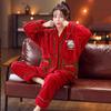 Autumn Winter Christmas V Neck Flannel Pajamas Thickened Women's Home Set