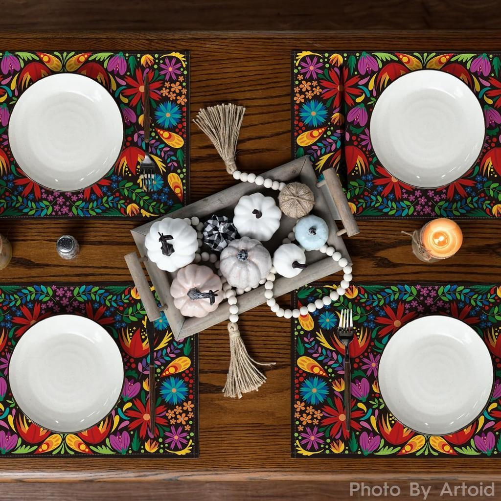 Mexican Cinco De Mayo Placemats Set of 6, 12 x 18 Inch Dia De Los Muertos Decoration Washable Table Mats for Party Dining Table