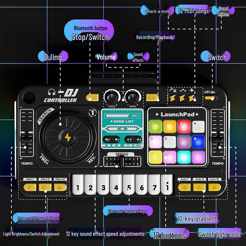Toca-discos DJ Bluetooth Infantil com Percussão, Luzes e Microfone – Brinquedo Musical Multifuncional