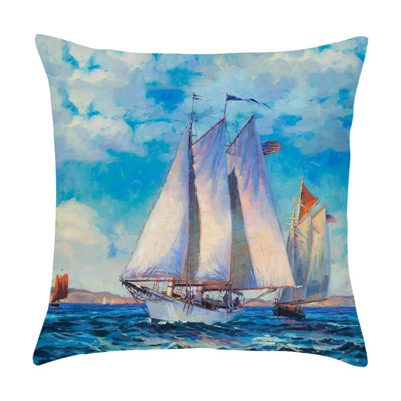 Beautiful Oil Painting Sail Sailing Landscape Print Pattern Cushion Cover Home Living Room Sofa Decoration Pillow