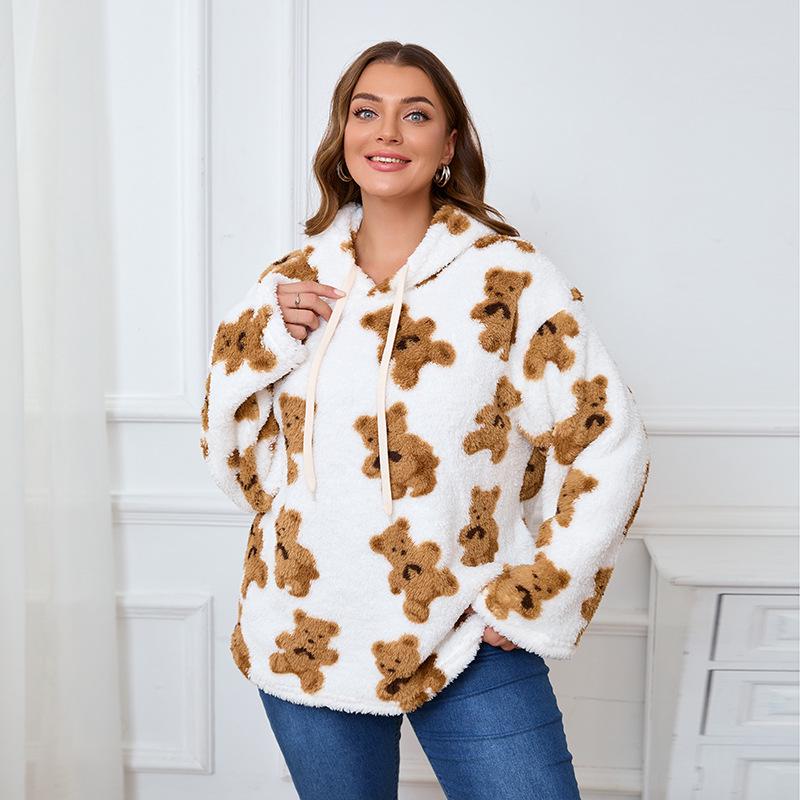 

New Plus Size Double-Sided Flannel Hooded Sweatshirt Teddy Bear Plush Long Sleeve Pullover Top for Autumn/Winter 3XL