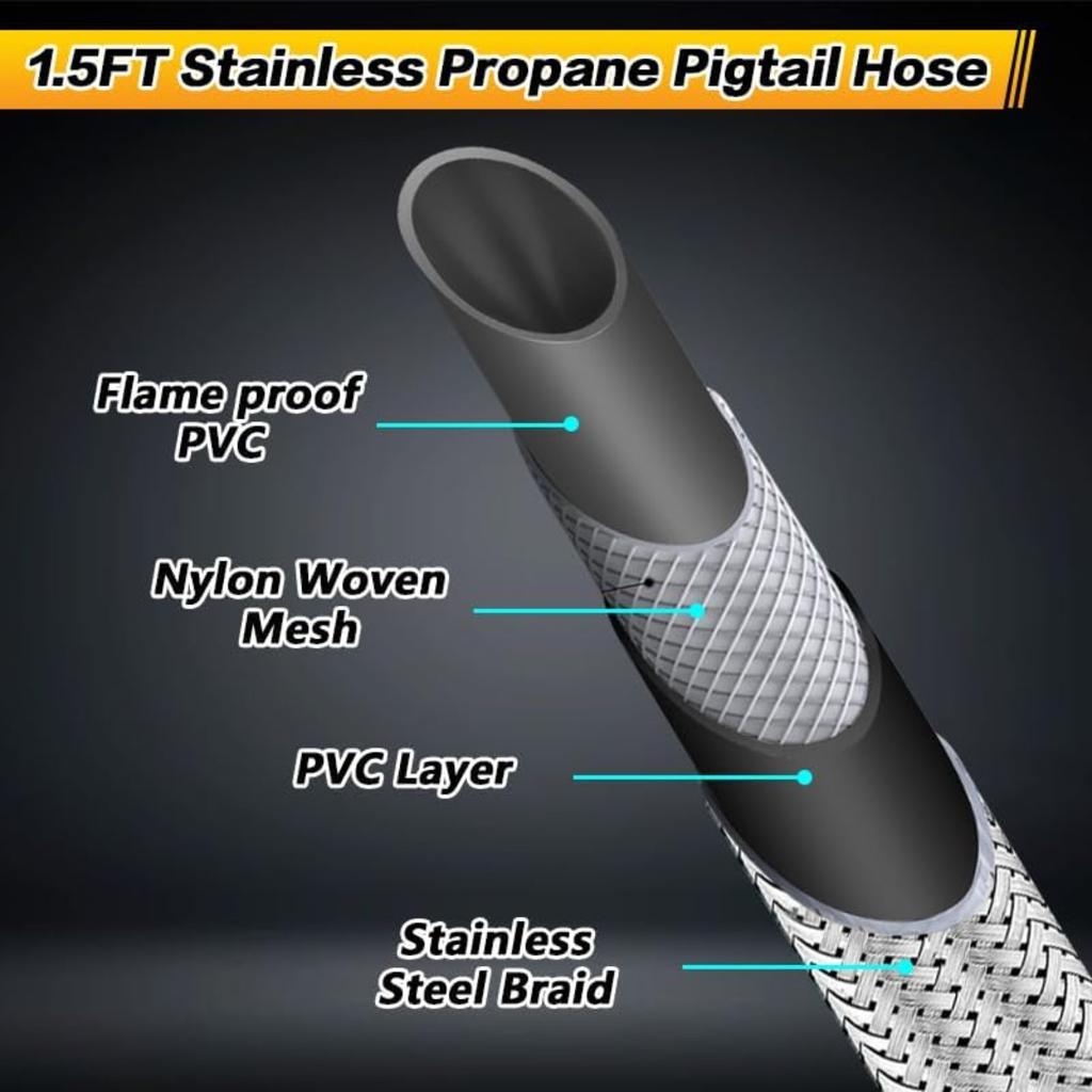 Mangueira Pigtail de Propano para RV de 1,5 Pés, Pacote com 2 Mangueiras de Propano de Aço Inoxidável 304, Conector Regulador para Churrasqueira a Gás, Linhas de Propano Trançadas Macho Flare de 1/4"