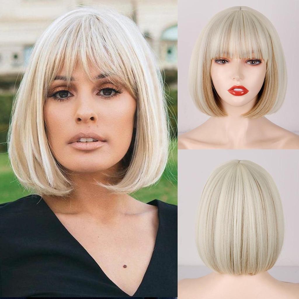 LISI HAIR Synthetic Short Straight Bob Wig Extension With Bangs Natural Looking Heat Resistant Fiber For Elegant Women Daily Wear
