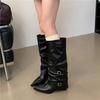 Pointed buckle pleated pile boots women's thick heel 2025 punk style knight boots fried street hot girl high heel boots