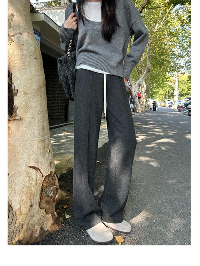Women's Early Autumn Fleece-Lined High-Waisted Herringbone Trousers: Slimming, Casual Straight-Leg Design