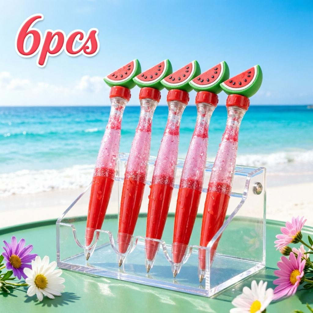 6pcs Watermelon Slice Topper Ballpoint Pen Transparent Tube With Floating Red Glitter Quicksand Buckle Type Comfort Grip Writing Tool For Students