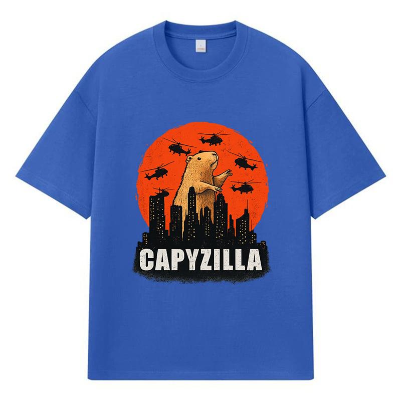 2026 Capybara Standing On Buildings Helicopters Flying Around Graphic Y2k Harajuku Streetwear 100% Cotton T Shirt Casual Oversized Summer Men T-shirt