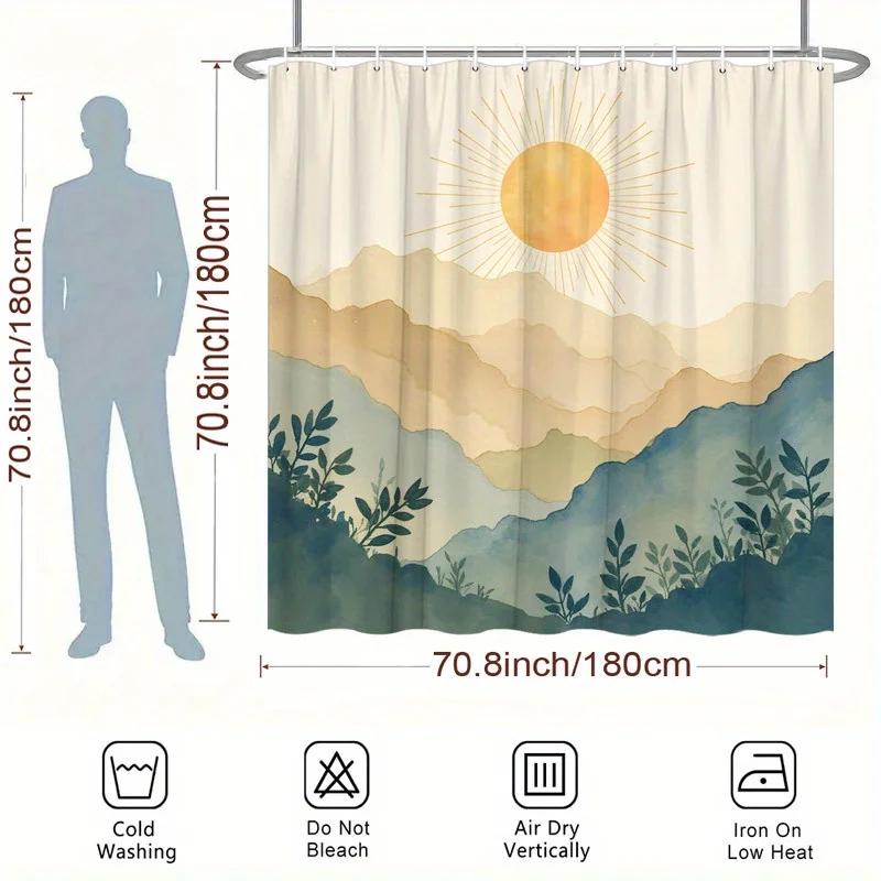 ~O~1pc Geometric Sun Mountain Plants Shower Curtain - Minimalist Vintage Design, Polyester, 70.8x70.8", 12 Hooks, Machine Washab
