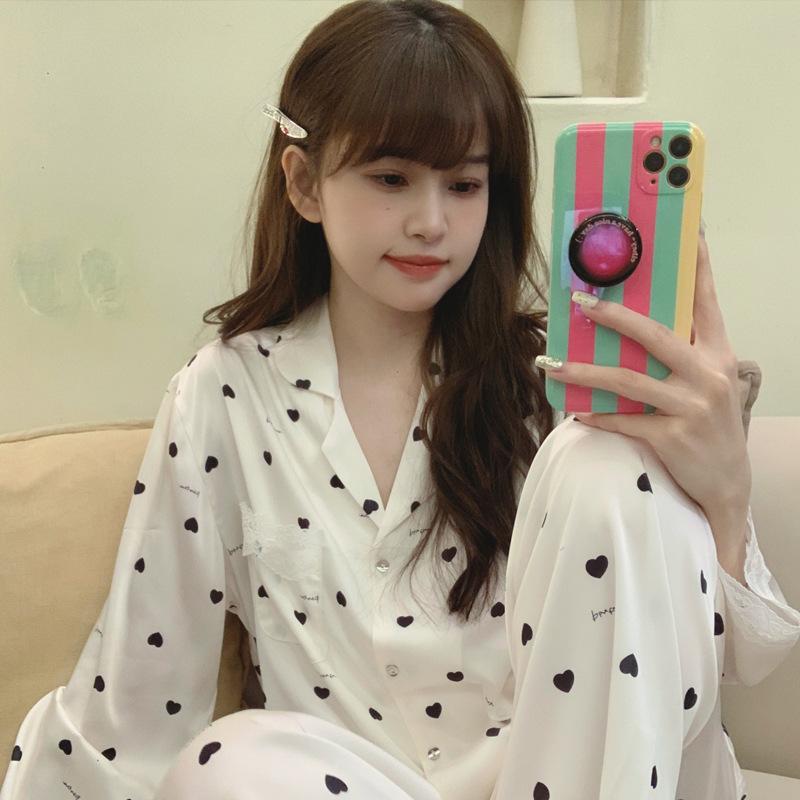 Spring and Autumn Ice Silk Pajamas Women's 1011 Polka Dot Simulation Silk Sweet and Cute Lace Loungewear Set