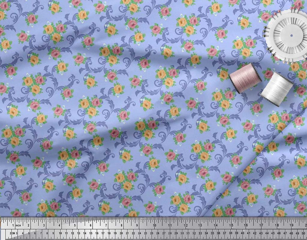 Soimoi Japan Crepe Satin Fabric Swirl,Leaves & Rose Floral Printed Fabric 1 Metre 42 Inch