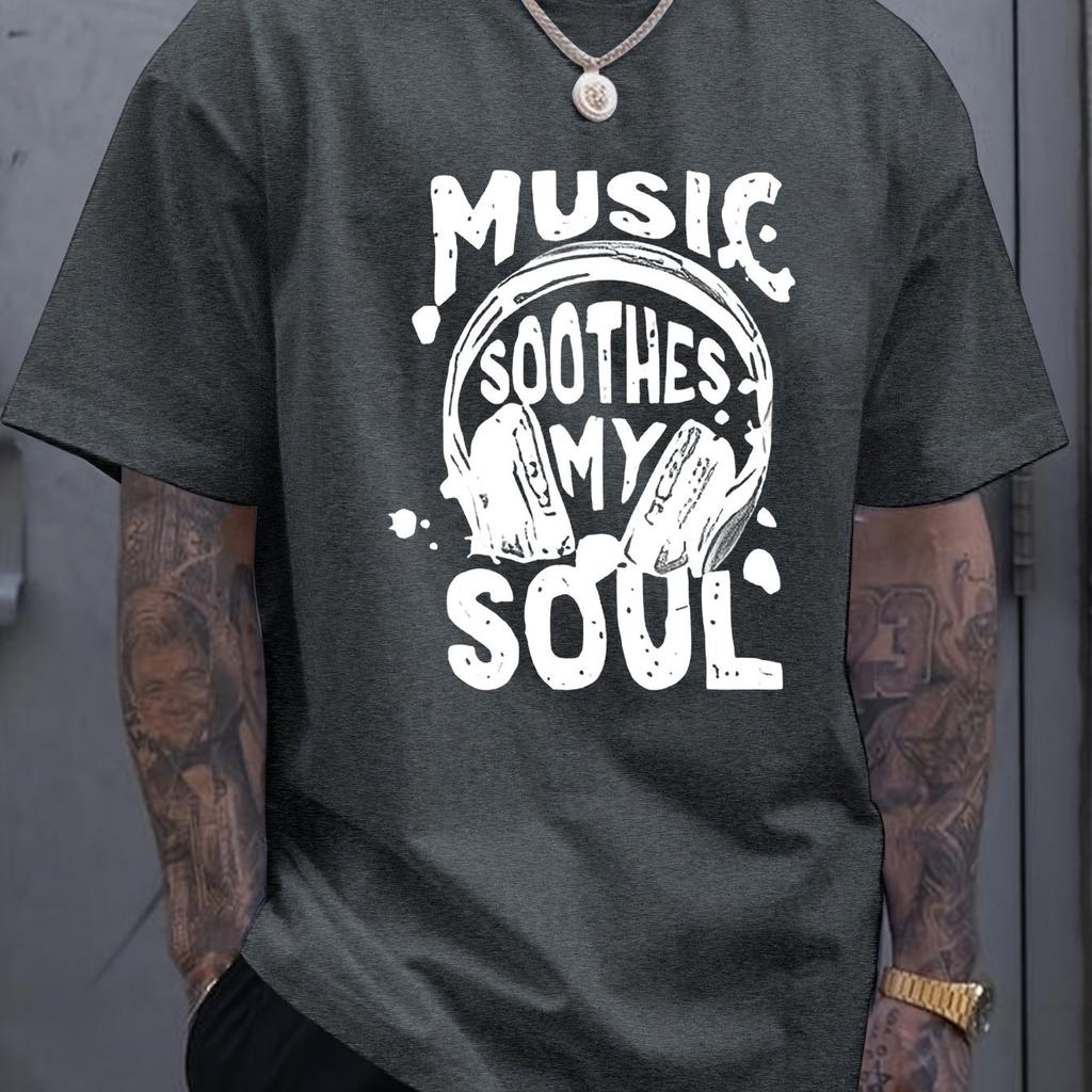 Men's Summer 100% Cotton Fashionable Casual Loose Music Soothing My Soul Pattern Printed Sports Round Neck Short Sleeve T-shirt