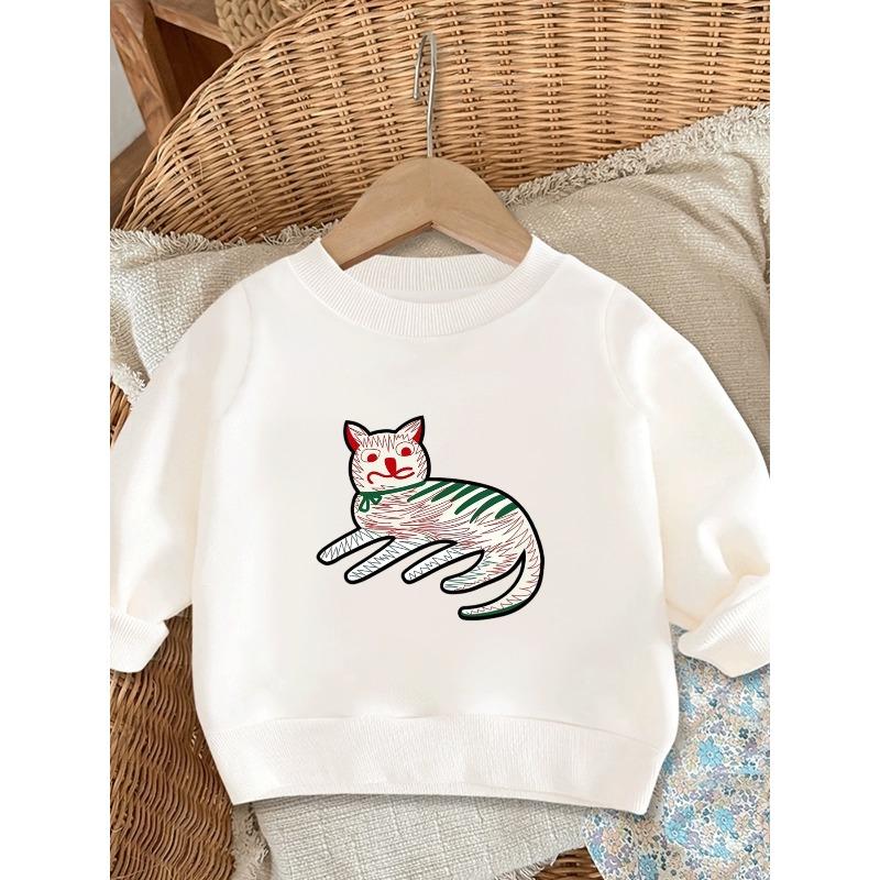 European sizes Cute Cat Print Round Neck Hoodie for 0-3 Year Old  Kids | Thin, Comfortable, Long Sleeve, Suitable  Outdoor Wear 110 белый