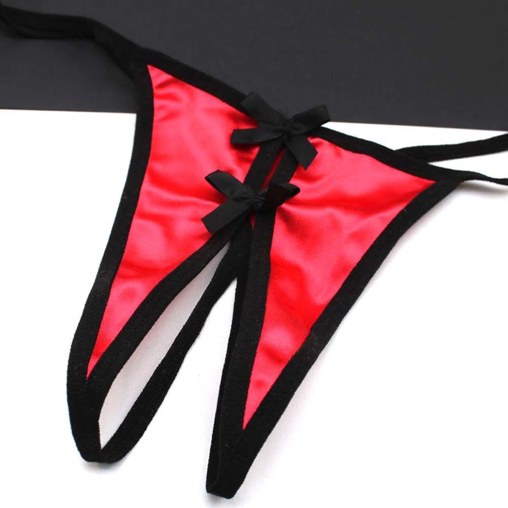 Bow G-Strings Satin Open Crotch Solid Color Bandage Women Panties Sex Thongs T-Pants Underwear