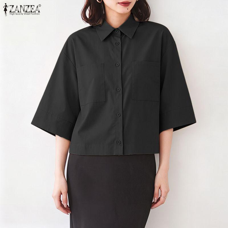 ZANZEA Womens 3/4 Sleeve Lapel Button Down Loose Cropped Shirt Blouse