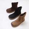 Johnature Versatile Solid Color Short Boots Retro Genuine Leather Round Toe Flat Women's Shoes