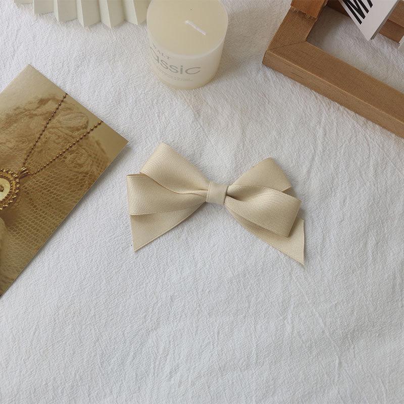 Beige Satin Ribbon Hair Set: French Bow, Japanese Sweet Style Hair Rope, Double Ponytail Clip, Bangs Accessory