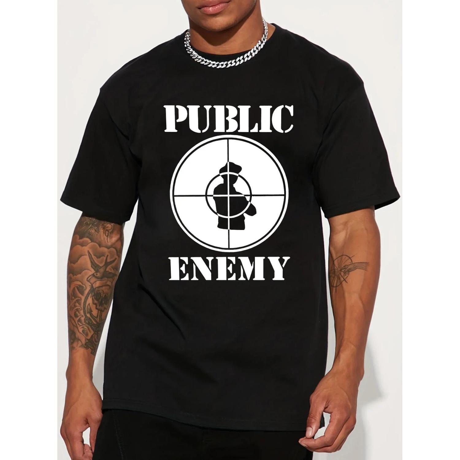 

Public Enemy T-shirt pattern prints with bold lettering and target street style, neutral short-sleeved T shirts S чёрный