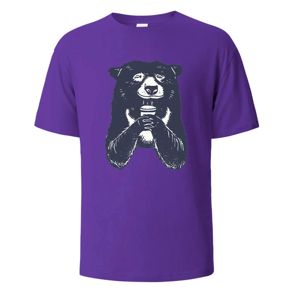 T-shirt à Imprimé Ours Buvant T-shirts d'Été Pour Hommes Femmes 100% Coton Col Rond Surdimensionné Décontracté Manches Courtes Streetwear Haut Basique