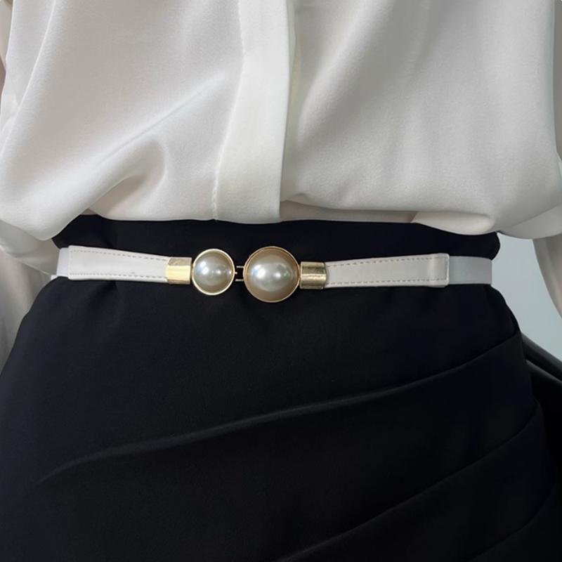 

New Elegant Vintage Pearl Waist Chain Belts for Women Korean Style Sweater Jacket Hooks Elastic Slim Fit Leather Belt белый