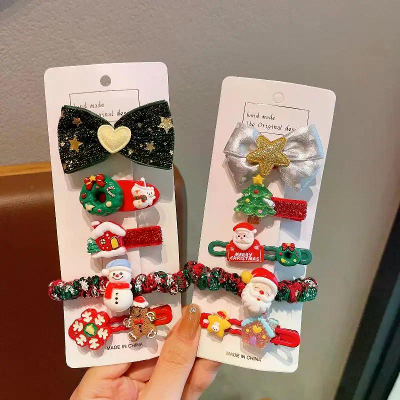 Christmas Special 5Pcs/Set Hair Accessories, Featuring Santa, Snowman, Elk Clips & Ties for Children