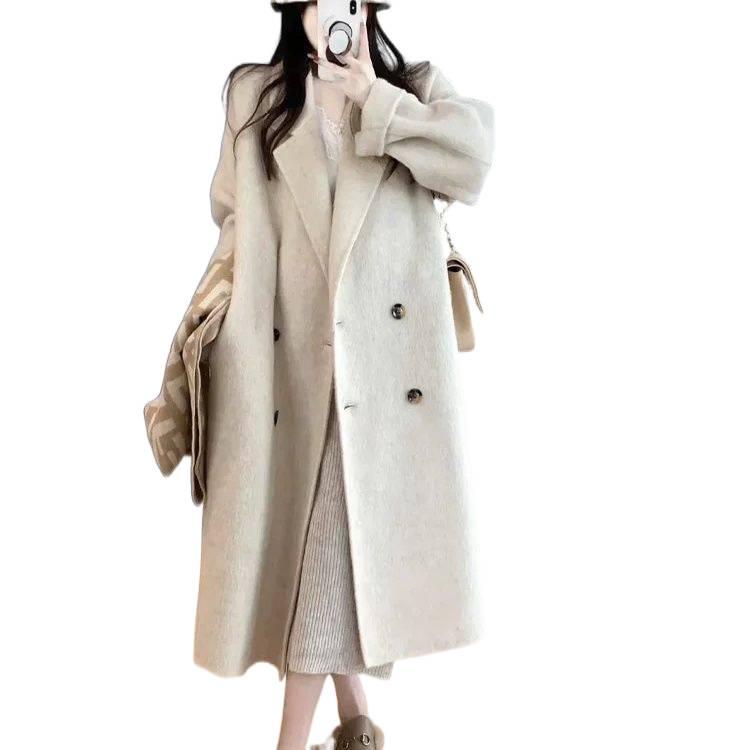 Palton de lână de lungime medie, larg, stil coreean, pentru femei, toamnă/iarnă 2025, trend