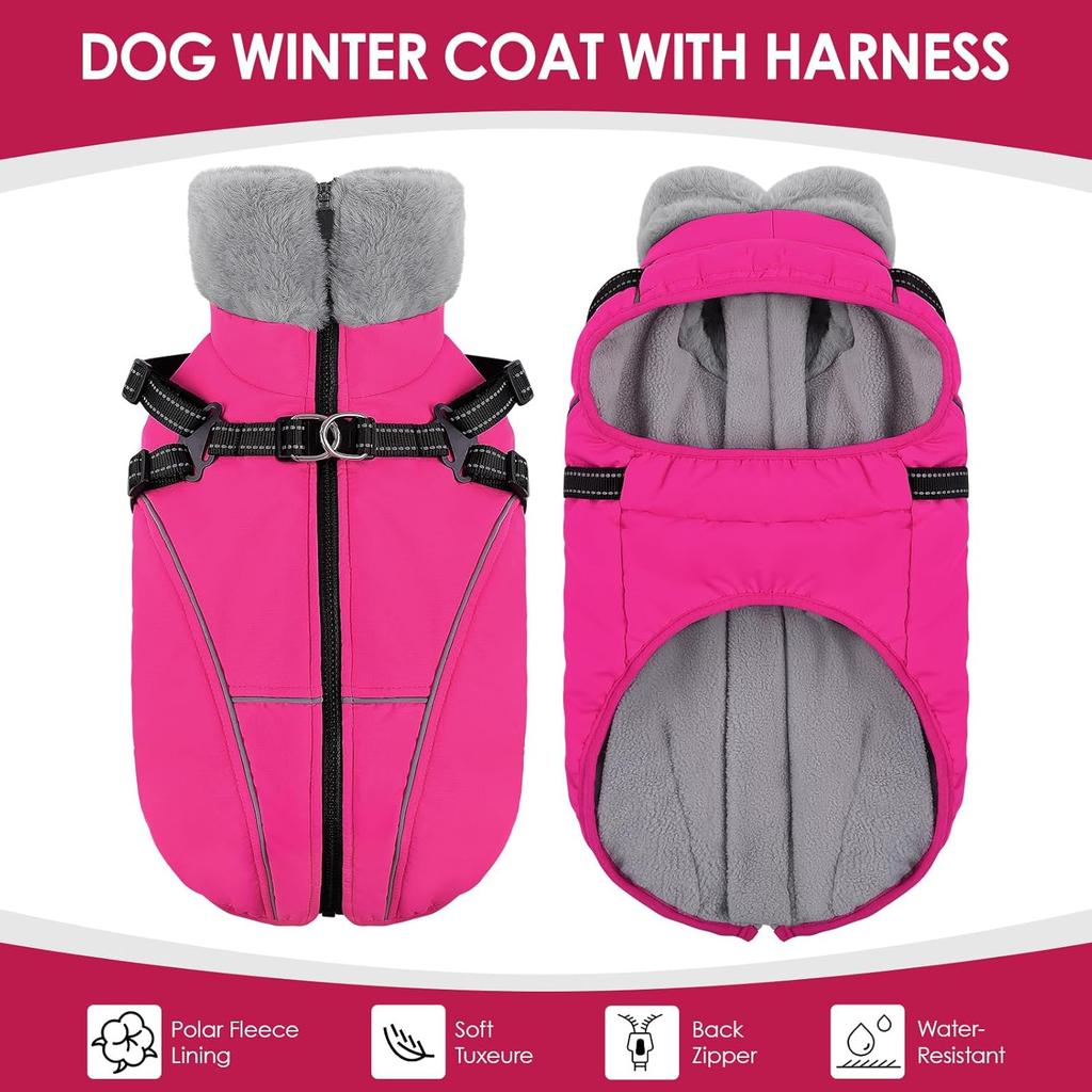 AOFITEE Dog Jacket with Harness Built in, Waterproof Dog Coat for Small Dogs, Warm Fleece Pet Puffer Vest with Zipper on Back & Furry Collar,