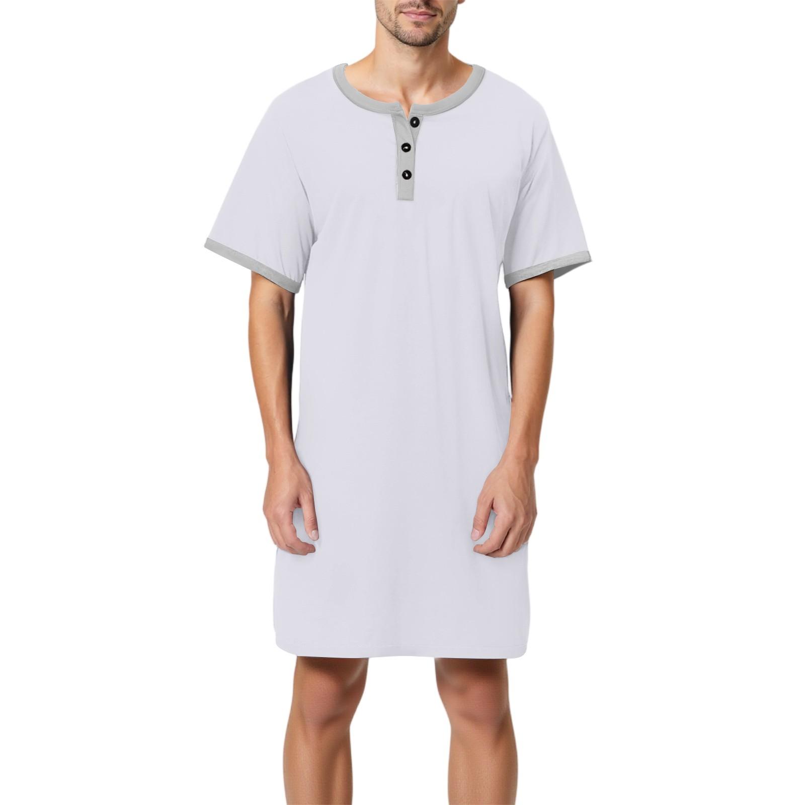 Мужская однотонная хлопковая пижама с коротким рукавом воротником на пуговицах длинная свободная пижама домашняя одежда XXXL светло-серый 1590₽