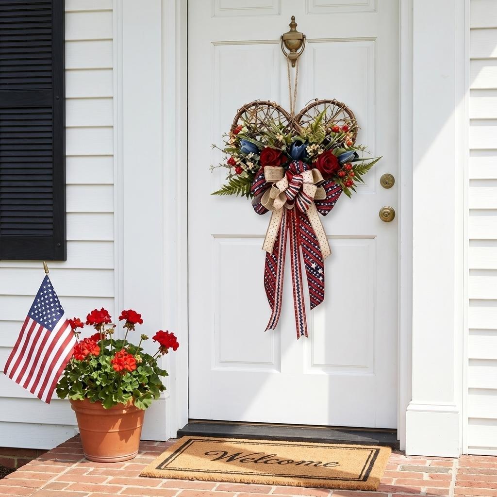 Patriotic Heart Shaped Wreath with Artificial Roses and Star Pattern Ribbon Rustic Home Wall Hanging Decoration for Seasonal Indoor Outdoor Use