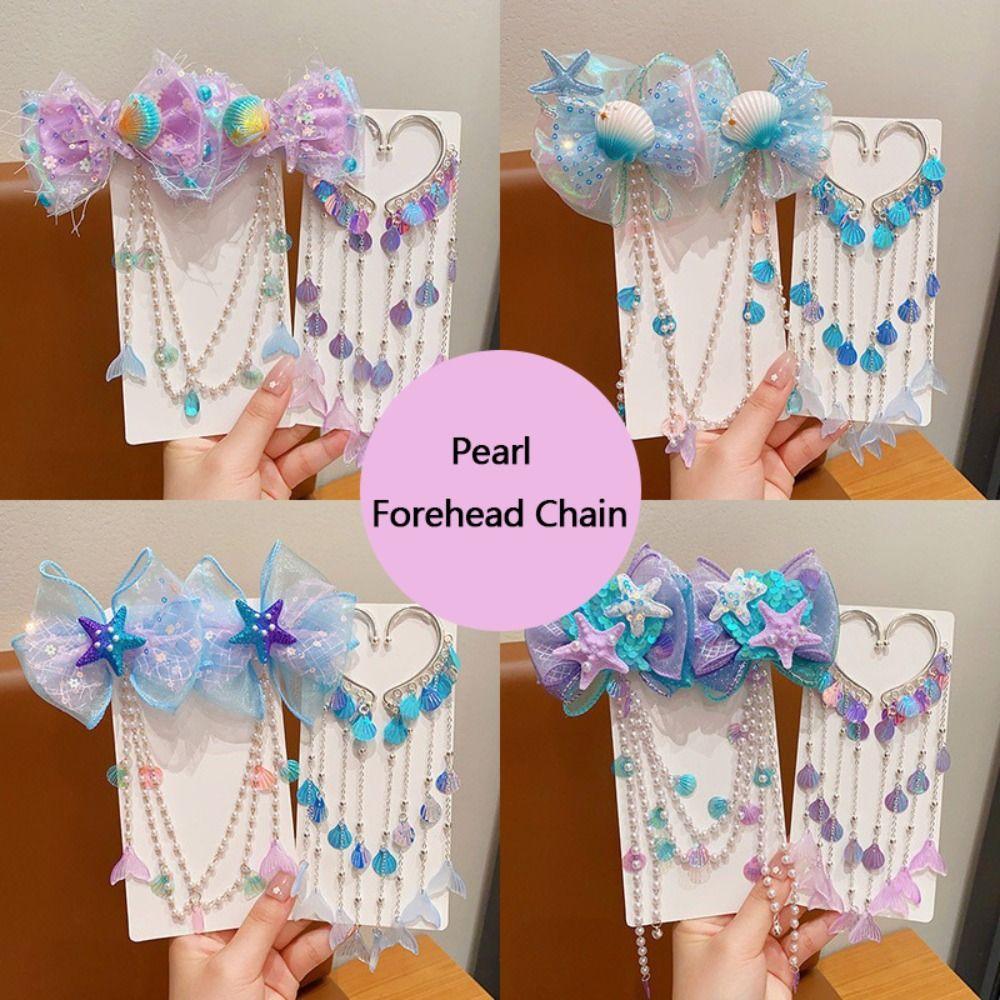 Mermaid Pearl Hair Clip Sweet Bow Accessories Fashion Tassel Forehead Chain  for Children