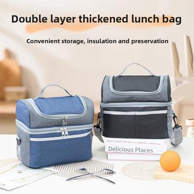 Double Layer Color Block Fresh Ice Bag Simple Fashion Crossbody Handheld Lunch Bag Large Capacity Lunch Bento Insulated Bag