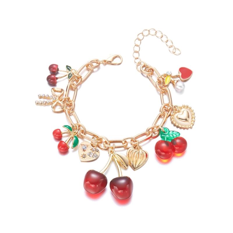 

Adjustable Cherry Charm Bracelet Sweet Bowknot Pendant Alloy Resin Texture Chain Jewelry Present for Women and Girls 1